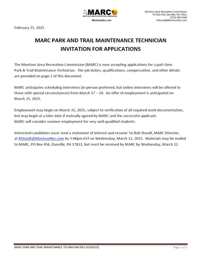 Montour Area Recreation Commission Park & Trail Maintenance Technician Invitation for Applications